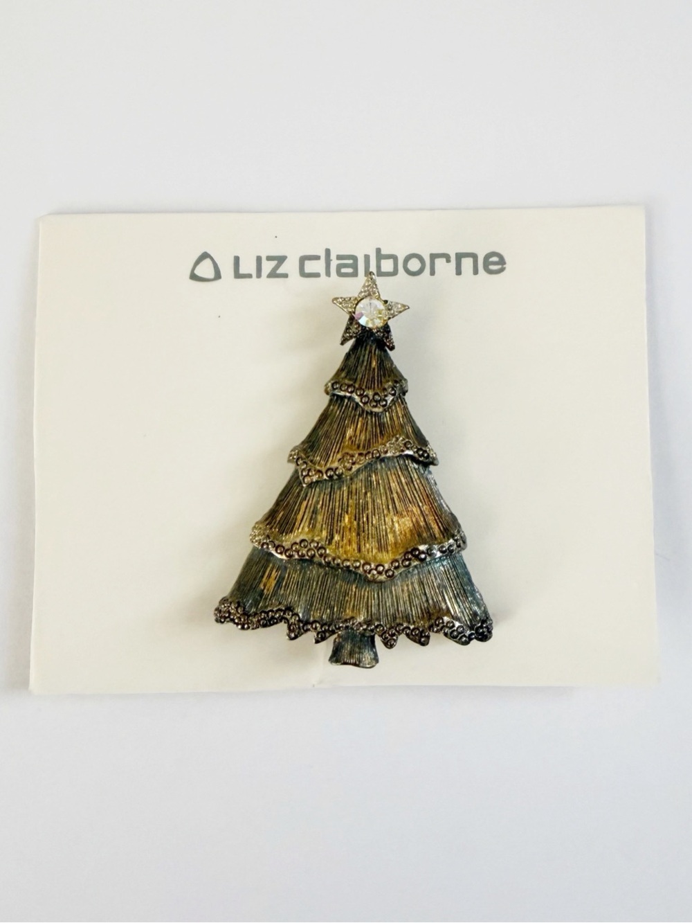 Vintage Liz Claiborne Gold & Silver Tone Holiday Christmas Tree Brooch Pin